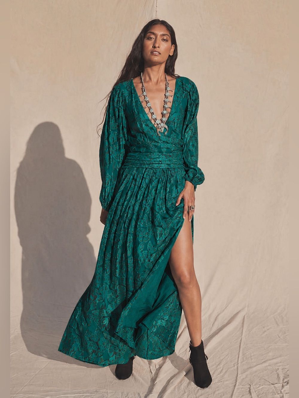 Jen's Pirate Booty Emerald Green Leopard Wrap Maxi Dress Sz L Boho Chic Romantic